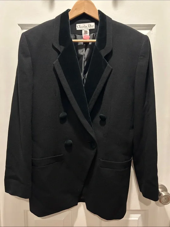 Vintage Dior Black Double-Breasted Blazer with Velvet Lapel