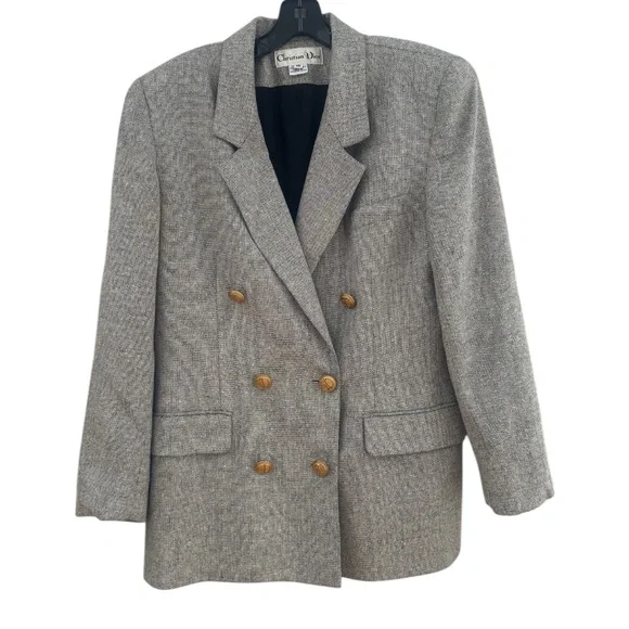 Dior Double-Breasted Gray Tweed Blazer with Gold Buttons