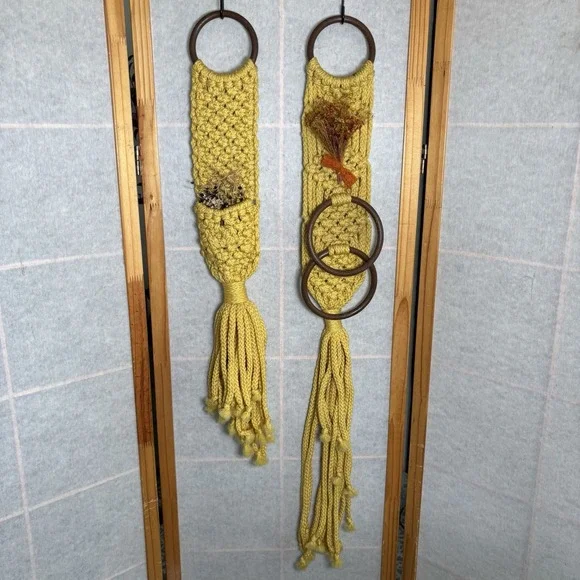 Vintage Macrame With Dried Flowers Towel Hanger Wall Decor Set Cottagecore‎