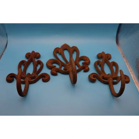 Set of 3 Cast Iron Fleur De Lis Wall Hooks Rustic Ornate Scrollwork Hangers