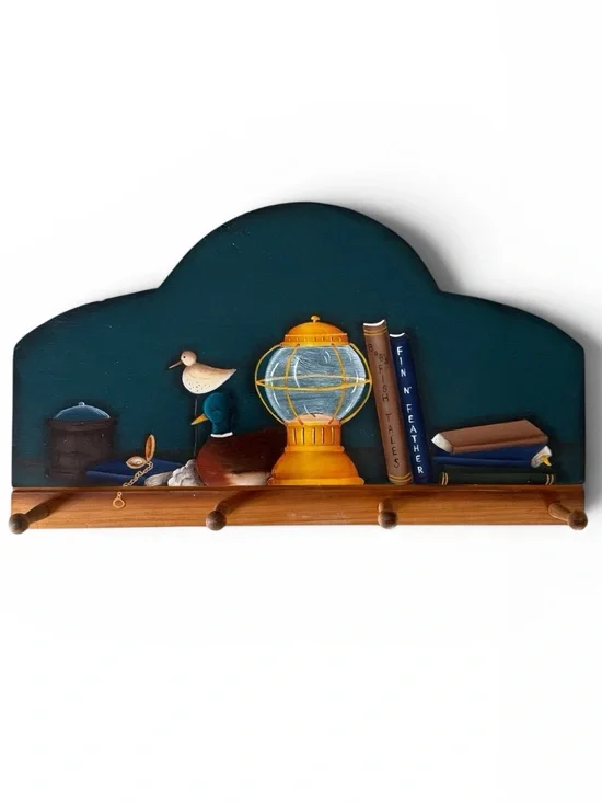 Nautical Shelf Hook Rack Wall Decor in Emerald Green and Yellow