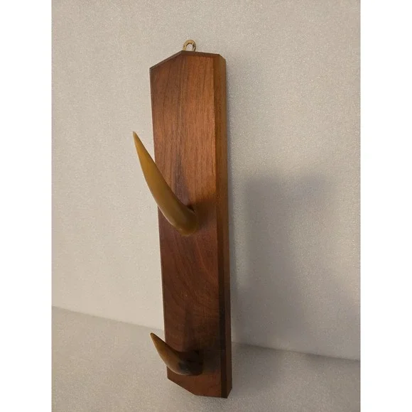 Mid Century Modern Wood Wall Coat Rack 2 Horn Hooks Teak Danish Style Vtg 15
