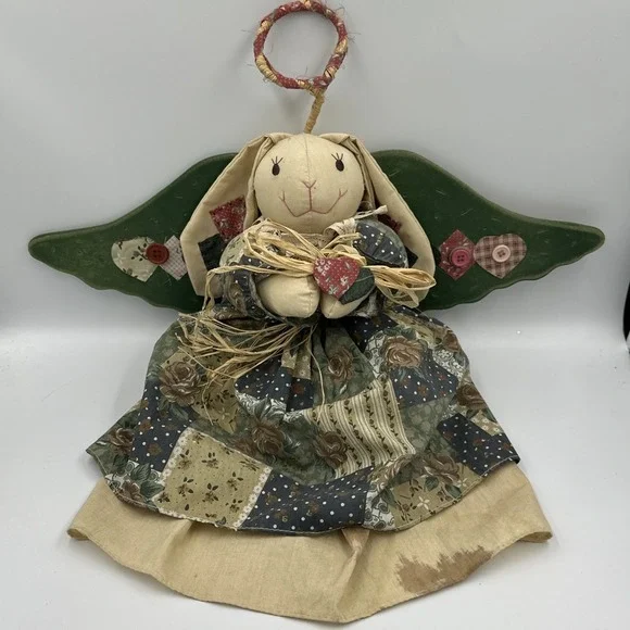 Primitive Angel BUNNY RABBIT Cloth Doll Wooden Wings Country Cottage‎ Wall Hang