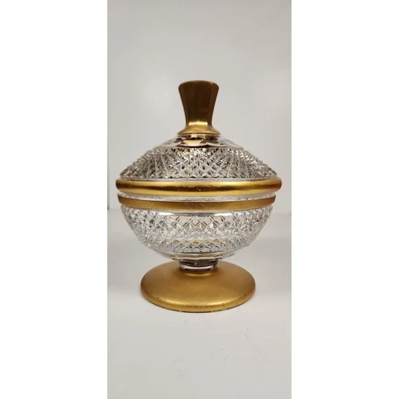 Vintage Moser Style Heavy Cut Crystal Lidded Candy Dish Gold Gilt Pedestal Cover