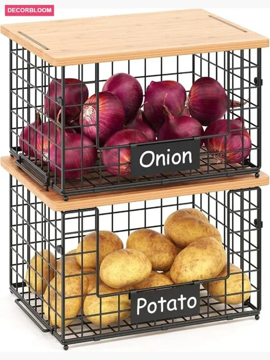 2-Pack Stackable Wire Baskets with Bamboo Top - Kitchen Storage Organizers