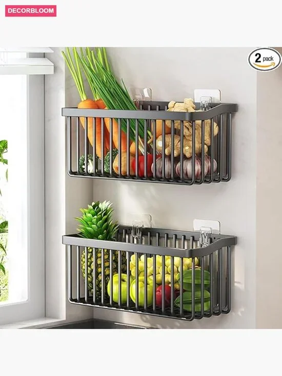 2-Piece Wall Mounted Fruit Basket Set, Carbon Steel Wire Veggie Storage for