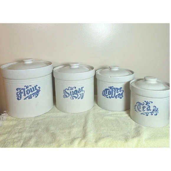 Vintage Pfaltzgraff Yorktowne Blue Canister Set Flour Sugar Coffee Tea