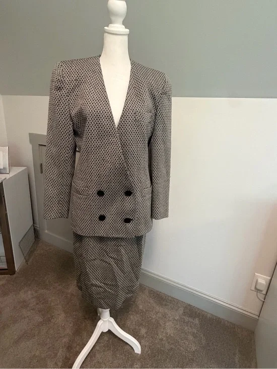 Vintage 80s Christian Dior The Suit Micro Geometric Knit Skirt Suit Set Size 6
