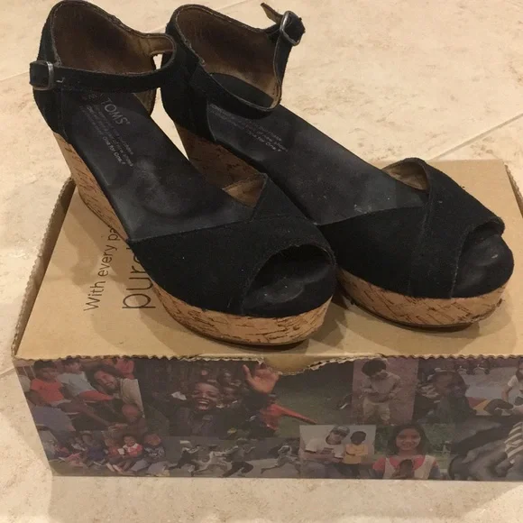 Toms Black Suede Cork Platform Wedge Sandals