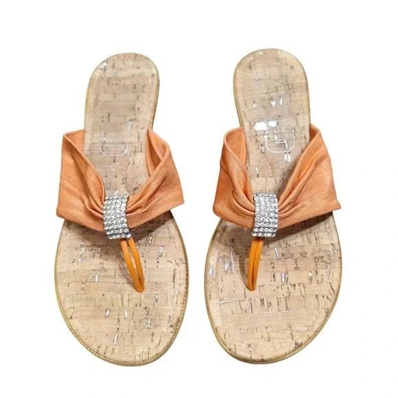 Orange Fabric Rhinestone Thong Wedge Sandals Cork Footbed Made in Italy Size 9