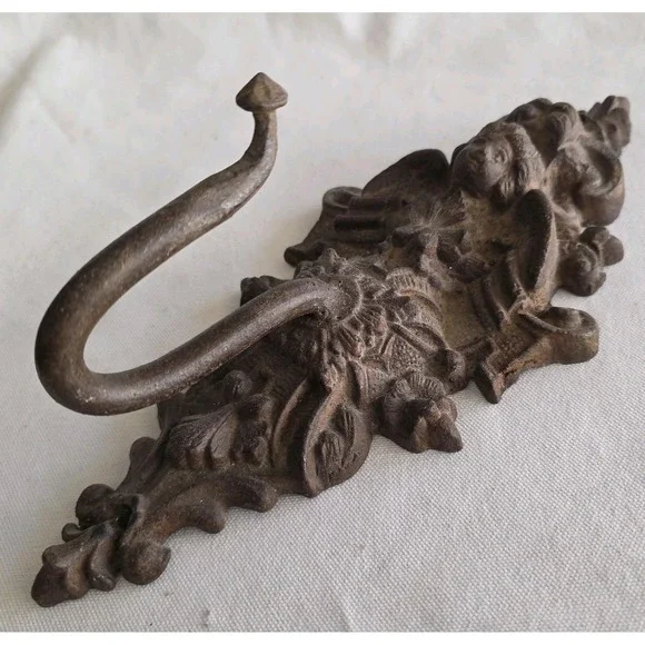 Antique Baroque Victorian Cherub Angel Wall Mount Coat Hook Ornate. Cast Iron.