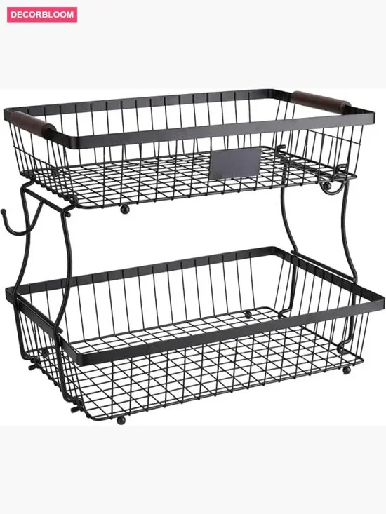 2-Tier Stackable Wire Basket with Banana Hooks, Pantry Organizer for Kitchen