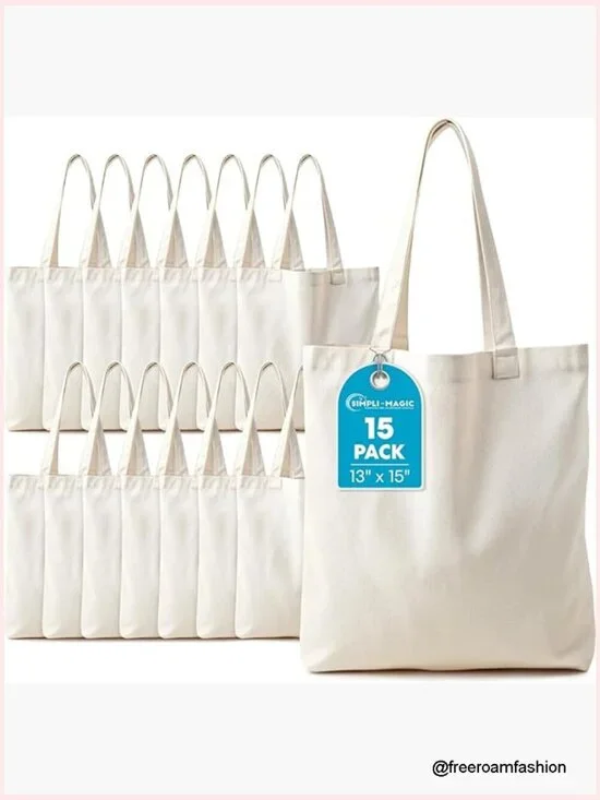 Heavy Duty Cotton Canvas Tote Bags Set of 15 Machine Washable Reusable