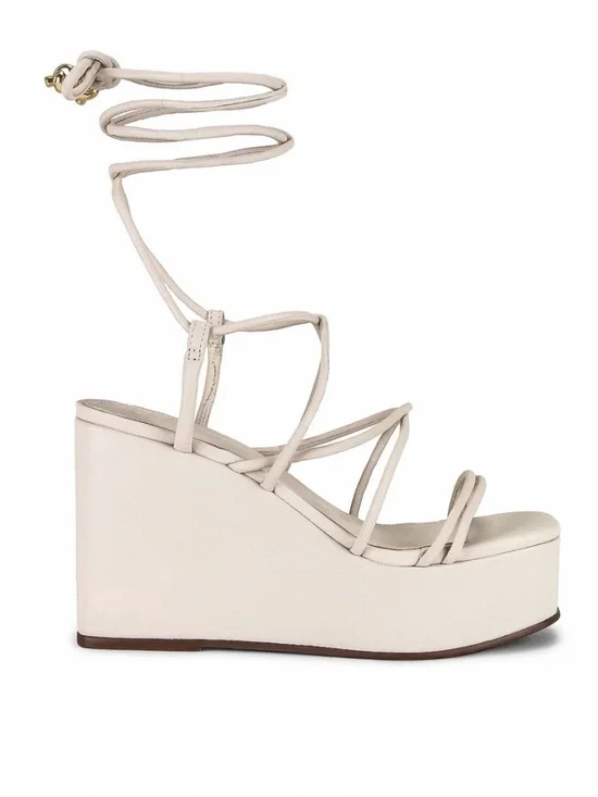 SCHUTZ Cream Leather Strappy Platform Wedge Sandal with Wrap Lace