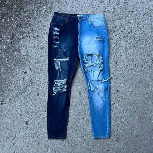 Two Tone Blue Dark Contrast Asymmetrical Jeans Size 2x NEW WITH TAGS