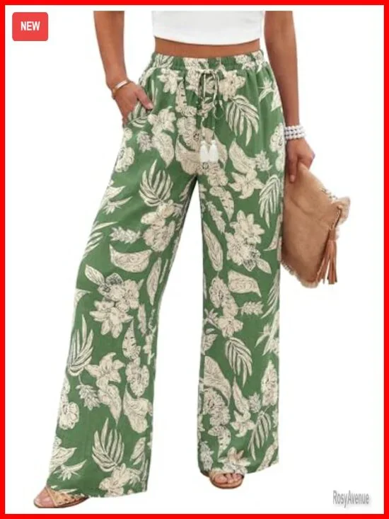 High Waisted Wide Leg Palazzo Pants with Pockets Flowy Casual Beach Trousers