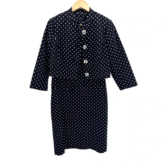 Teri Jon 2pc Dress Jacket Set Size 10 Black White Polka Dot Pique Wiggle Suit