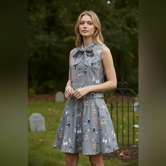 Retrolicious Gray 2 piece Halloween Dress with Vintage Trick-or-Treat Print. NWT