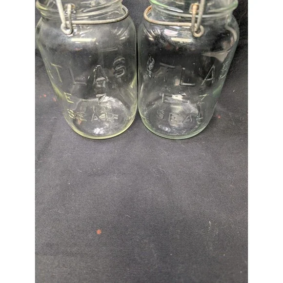 Atlas E-Z Seal Quart Canning Jars Wire Bail Glass Lids Vintage Lot of 2