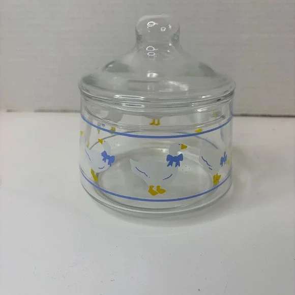 Vtg Clear Glass Goose Canister Blue Bow Farmhouse Storage Jar 5in Cottagecore