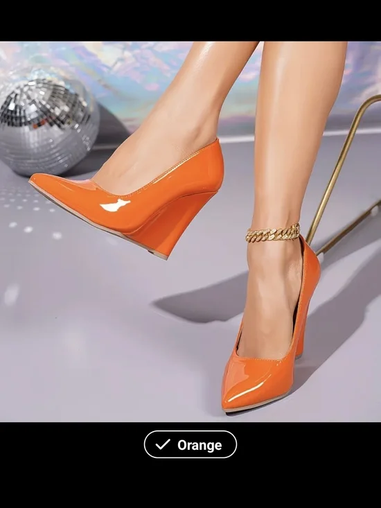 Orange Patent Wedge Pumps - Elegant Women's Heels