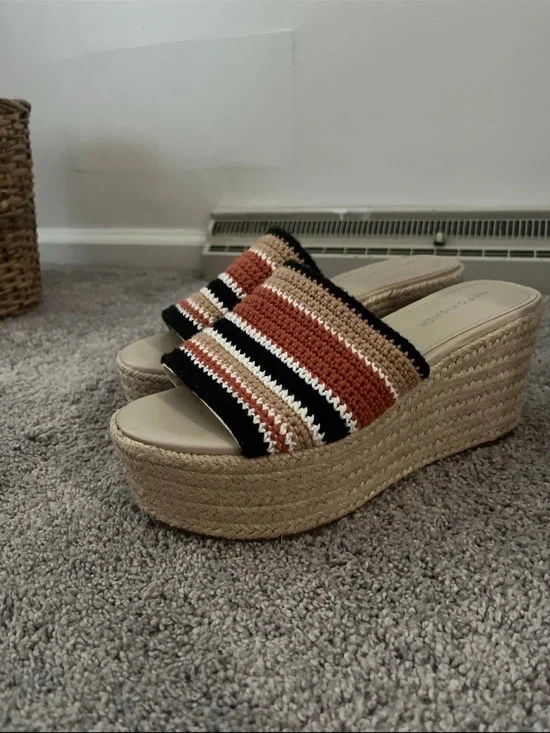 Marc Fisher Striped Woven Espadrille Wedge Slide — Rust/Black/Cream