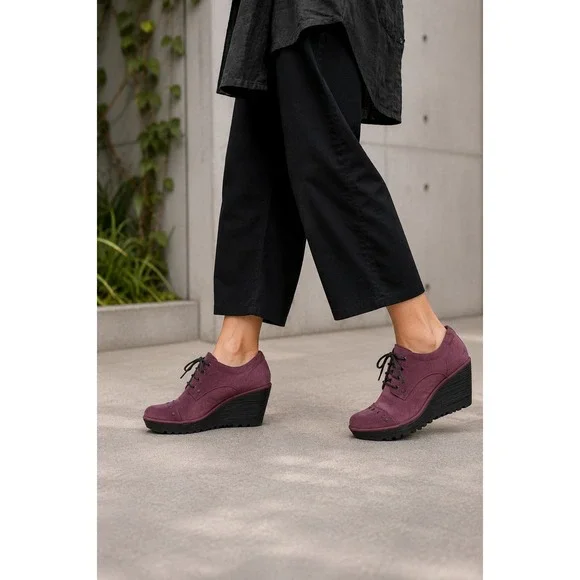 Fly London Yoti Plum Nubuck Studded Wedge Oxfords 38 US 7.5-8 Artisan