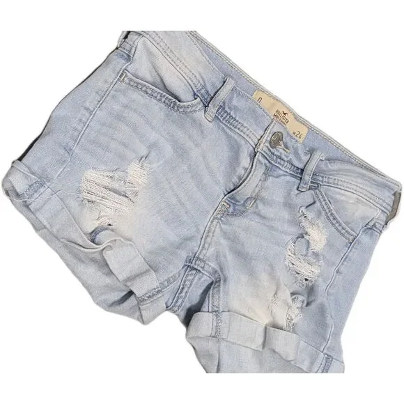 Hollister Size 0 Women's‎ Light Blue Distress Midi Denim Jean Shorts