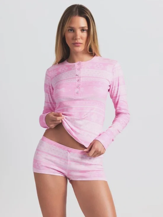 SKIMS Pink Logo Plush Pointelle Fair Isle Bow Sleep Shorts New Long Sleeve Sz M
