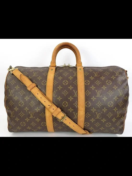 Louis Vuitton Brown Monogram Travel Duffel with Tan Leather Strap