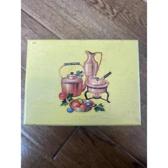Vintage Mid Century Modern Wooden‎ Wood Recipe Box Fruits, Cookware, Pitcher.