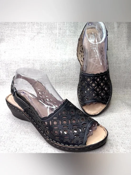 Spring Step Wedge Slingback Sandals black leather size 9/40 peep toe laser cut