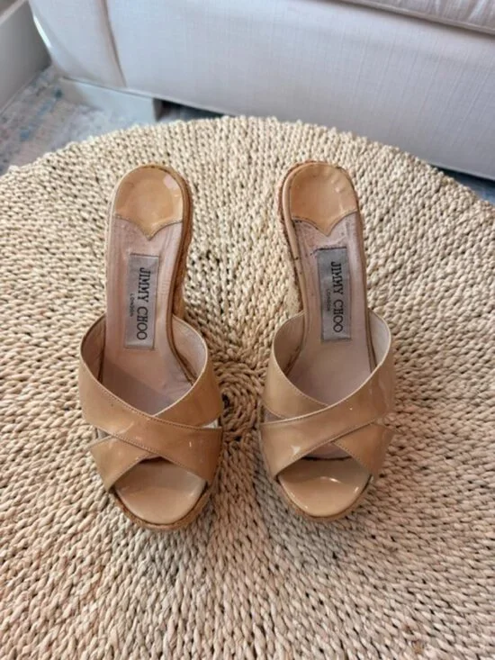Jimmy Choo Tan Patent Leather Raffia Wedges, 35