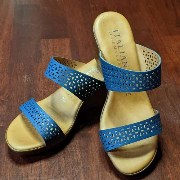 Italian Shoemakers blue laser cut slip on strap wedge sandals 7.5