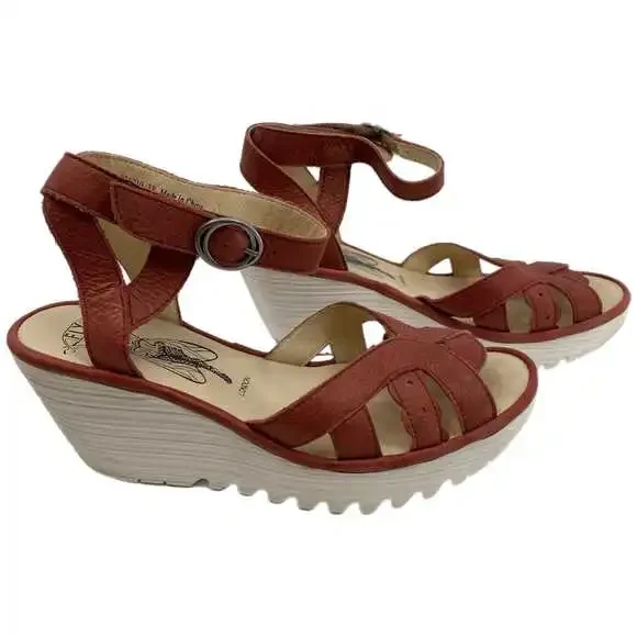 Fly London Red Leather Wedge Sandals | Size 38EU