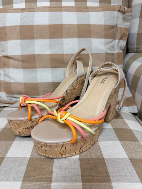 Soda Beige Cork Platform Wedges with Orange, Pink & Yellow Knot Straps