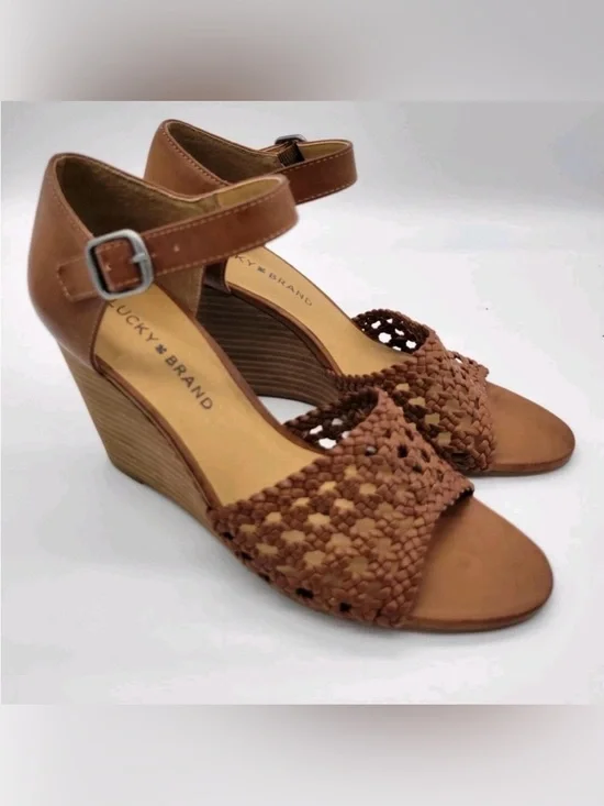 Lucky Brand Brown Leather Strappy Platform Wedge Sandals Boho Summer Shoes