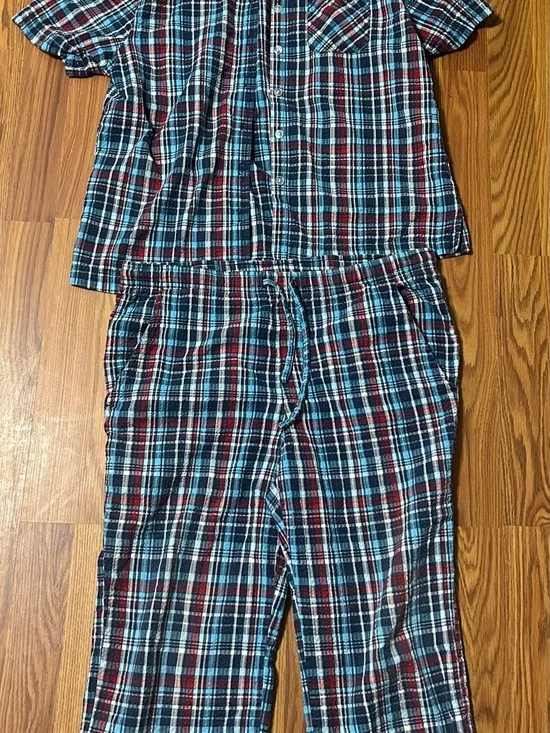 Erika Blue, Red & White Plaid Short-Sleeve Pajama Set Cropped pants
