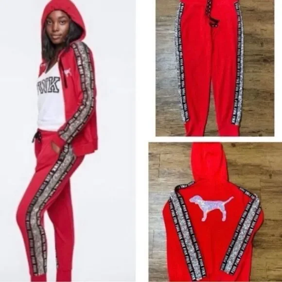 PINK VS RED BLING HOODIE / JOGGERS OUTFIT SET XL
