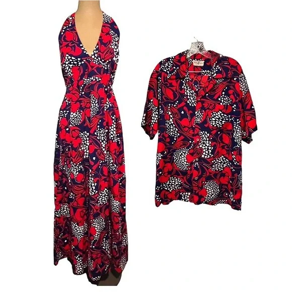 Vintage Hukilau Hawaiian Honeymoon Wedding‎ Matching Set Dress 12 Shirt L/XL