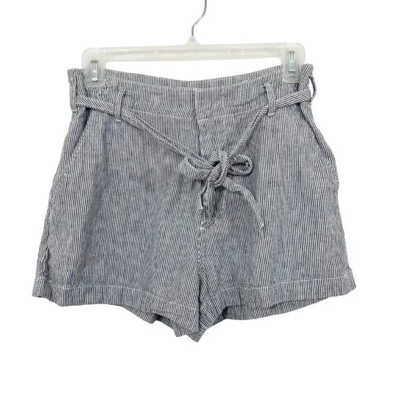 Abercrombie‎ & Fitch Navy Blue & White Striped Linen Shorts Belt Size Small