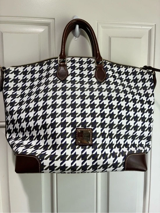 Dooney & Bourke Black and White Houndstooth Duffel with Brown Trim