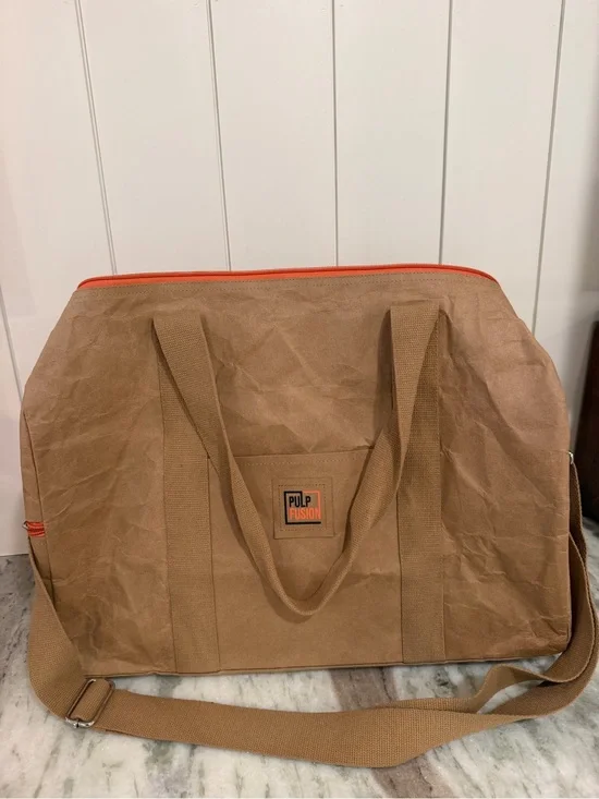 Pulp Fusion Tan Duffel Bag with Orange Zipper