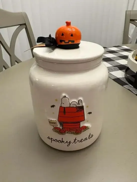 Rae Dunn Peanuts Snoopy Spooky Treats Canister with Pumpkin Lid
