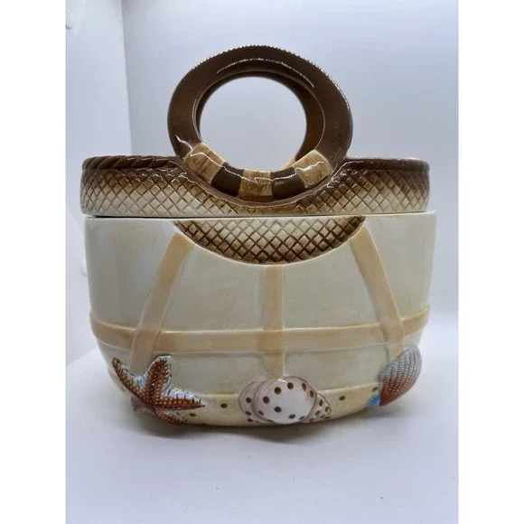 Vtg Ceramic Figural Beach Bag Shape Relief Shells 9.5‎ in Nautical Cookie Jar