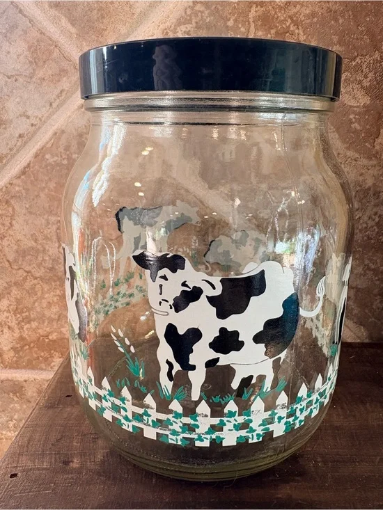 Glass Cookie Jar with Cow Motif and Black Lid Vintage Country Cottagecore