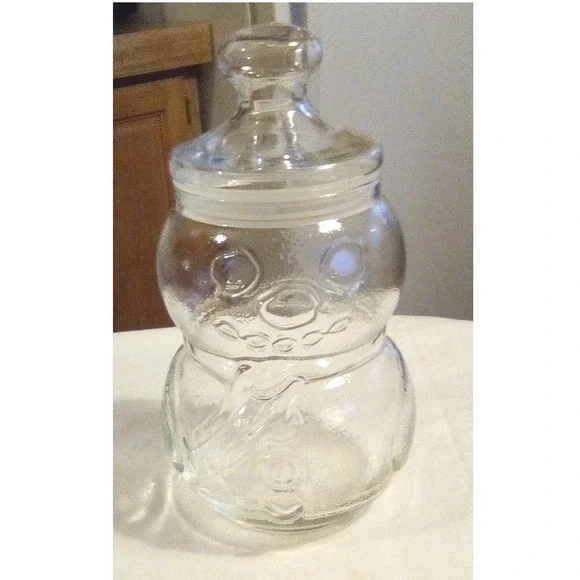 Vintage Clear Glass Snowman (Cookie, Candy) Jar Apothecary Container with‎ Lid