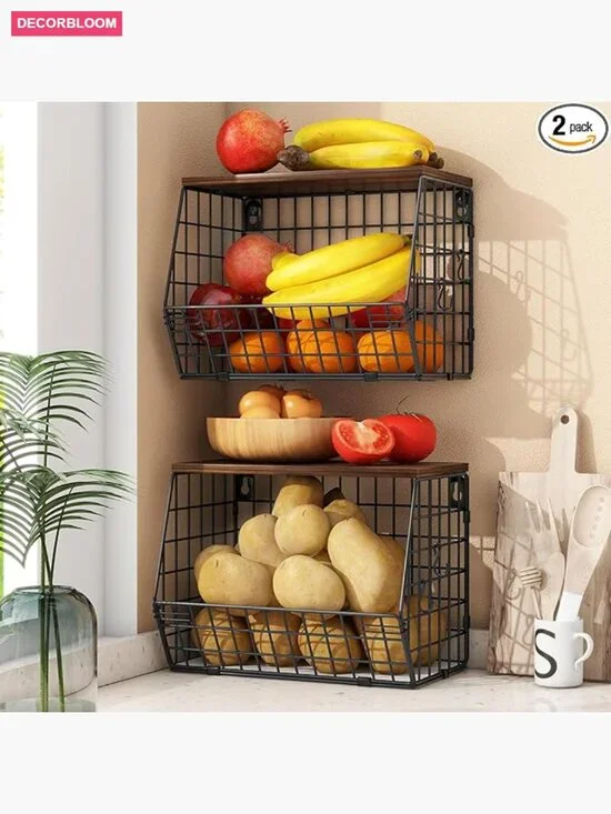 2-Pack Stackable Fruit Basket with Wood Lid, 11.8 x 7.9 x 8.5 In, Metal Wire