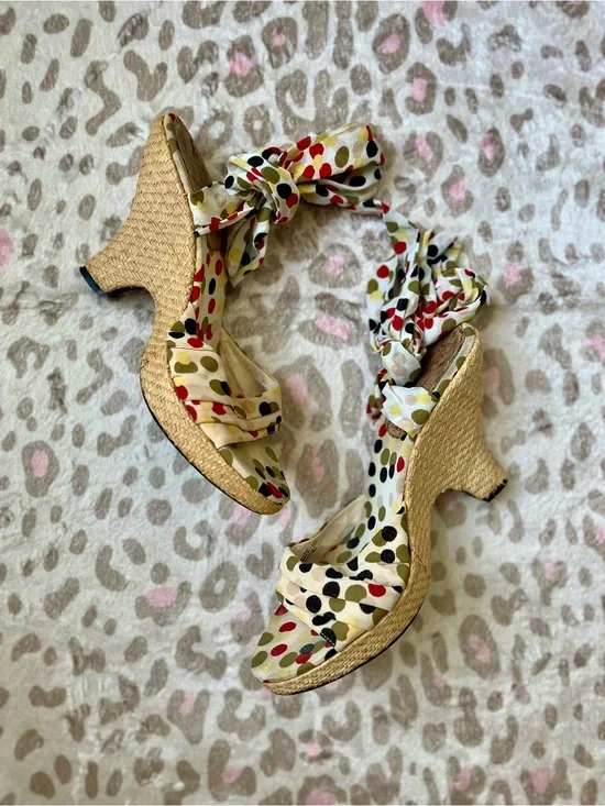 Retro Nine West Cream Espadrille Wedges with Red, Black and Olive Polka Dots