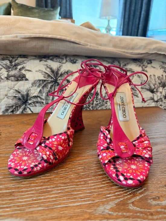 Jimmy Choo Pink Floral Lace-Up Heels wedges Sandals